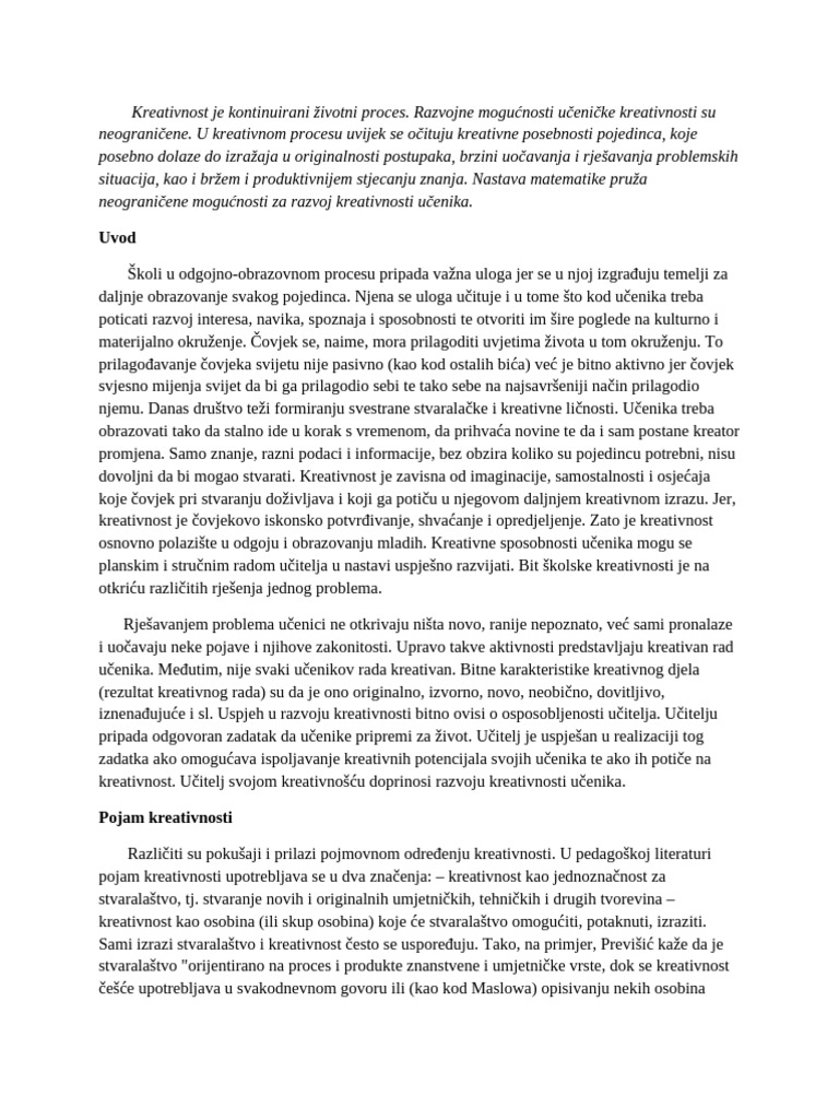 Kreativnost U NASTAVI MATEMATIKE | PDF