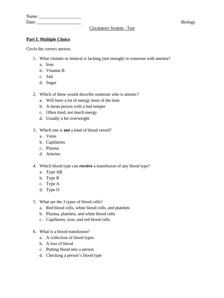 CirculatorySystemTest 1 | PDF