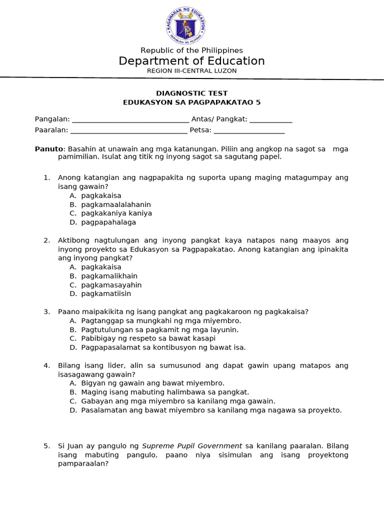 Diagnostic Test in Esp 5 | PDF