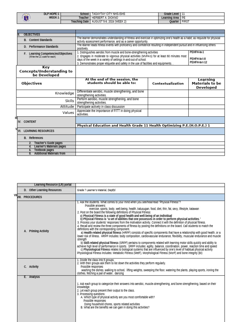 DLL P.E. Week 1 | PDF