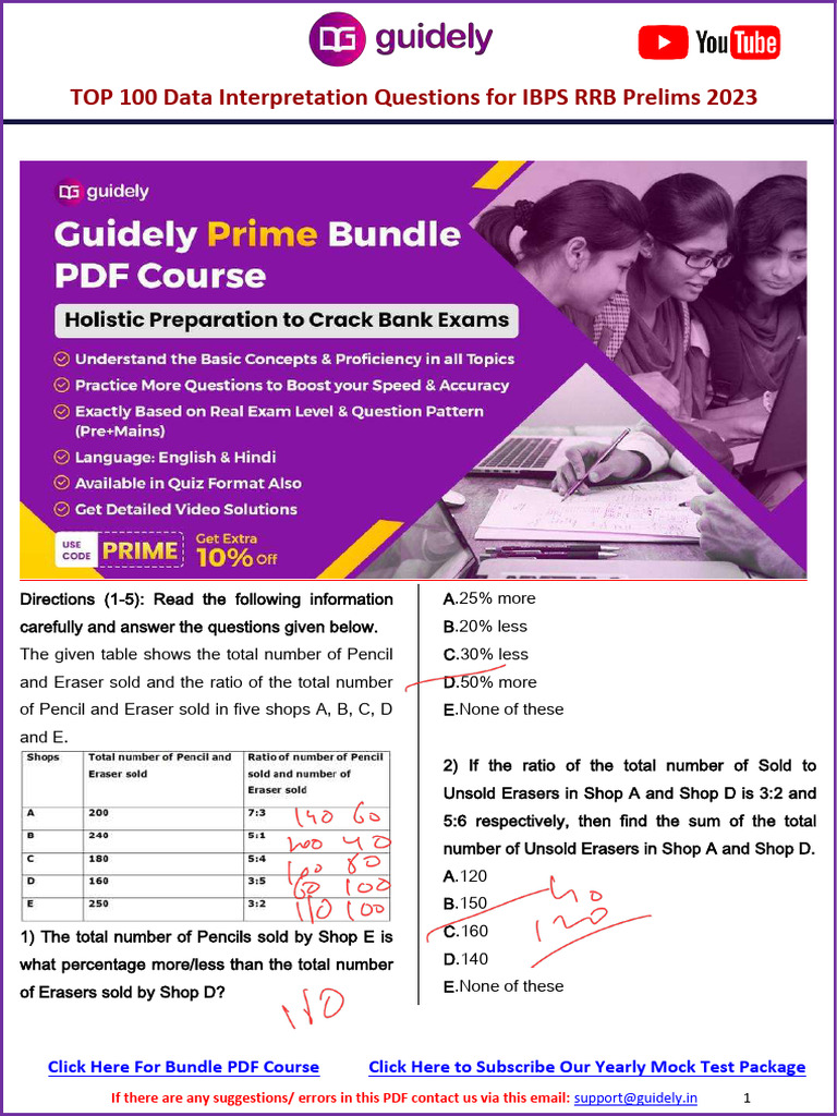 TOP 100 Data Interpretation Questions For IBPS RRB Prelims 2023 | PDF