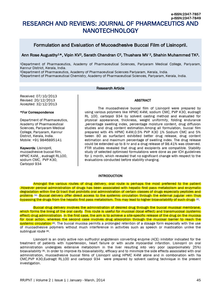 Formulation and Evaluation of Mucoadhesive Buccal Film of Lisinopril 45 ...