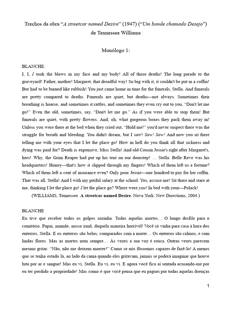 Monólogos Blanche Dubois A Streetcar Named Desire PDF