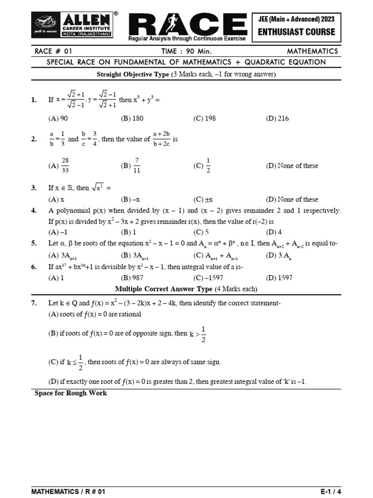 Maths Revision Race 01 (Fom-01, Quadratic Equation) | PDF