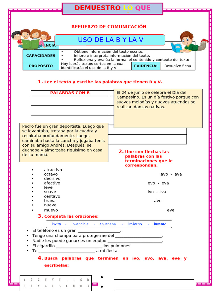 Ejercicios de uso de la B y V para primaria | PDF