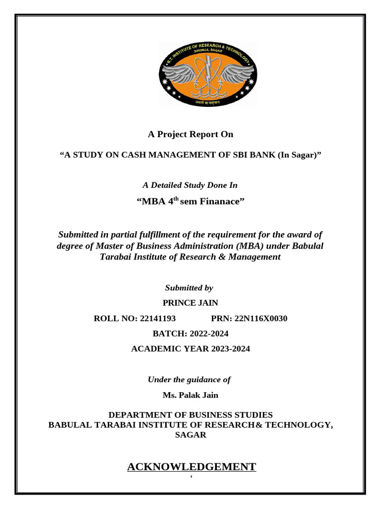 Cash Management Study of SBI Bank | PDF | Banks | Reserve Bank Of India