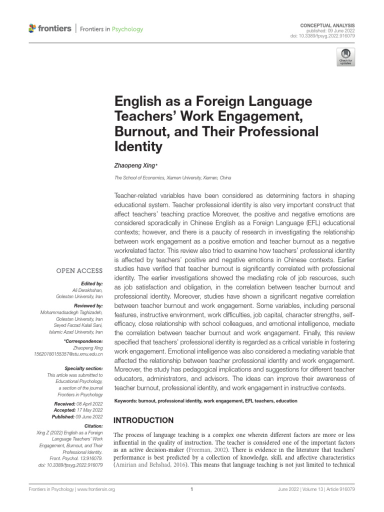 English As A Foreign Language Teachers' Work Engagement, Burnout, and ...