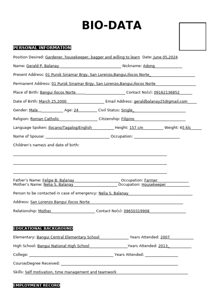 Biodata Template Philippines | PDF