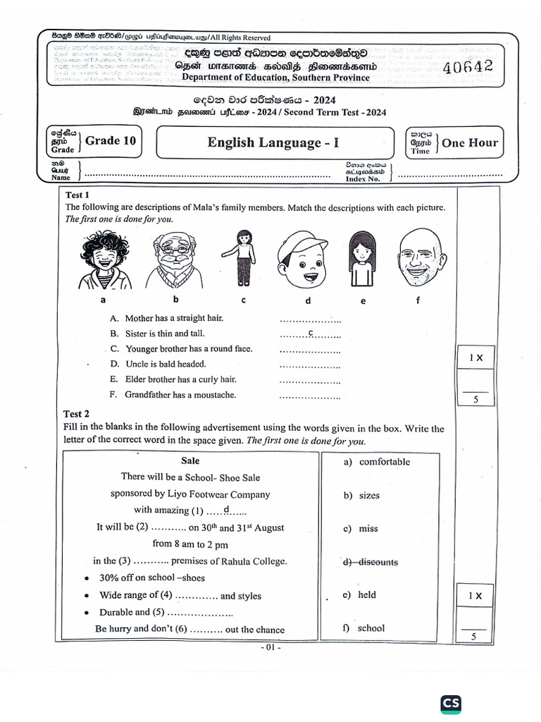Grade 10 English Test Papers 2024 | PDF