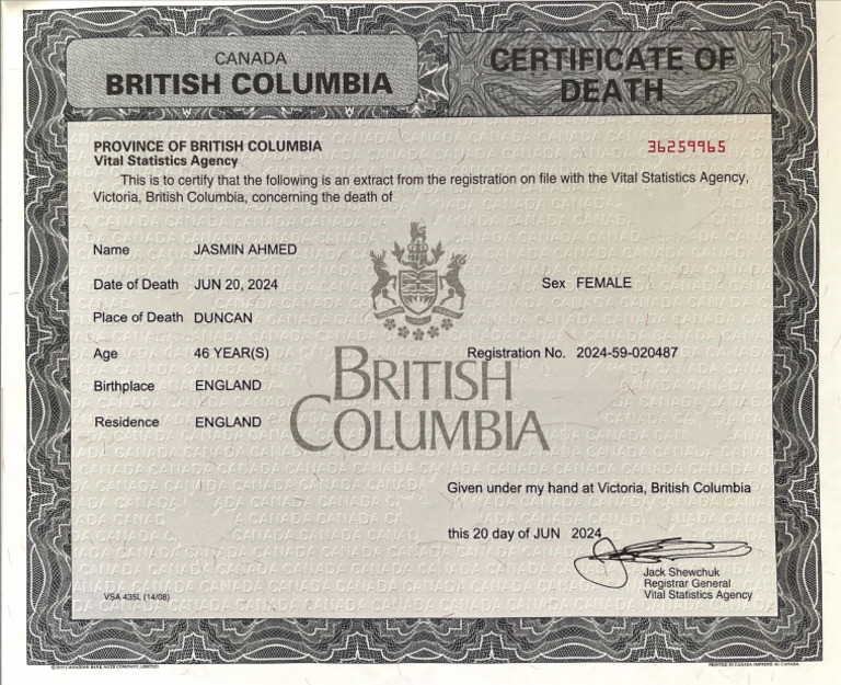BC Death Certificate for Jasmin Ahmed | PDF