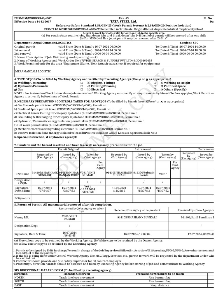 Specimen Copy: Permit To Work For Indivisual Agency Permit To Work ...