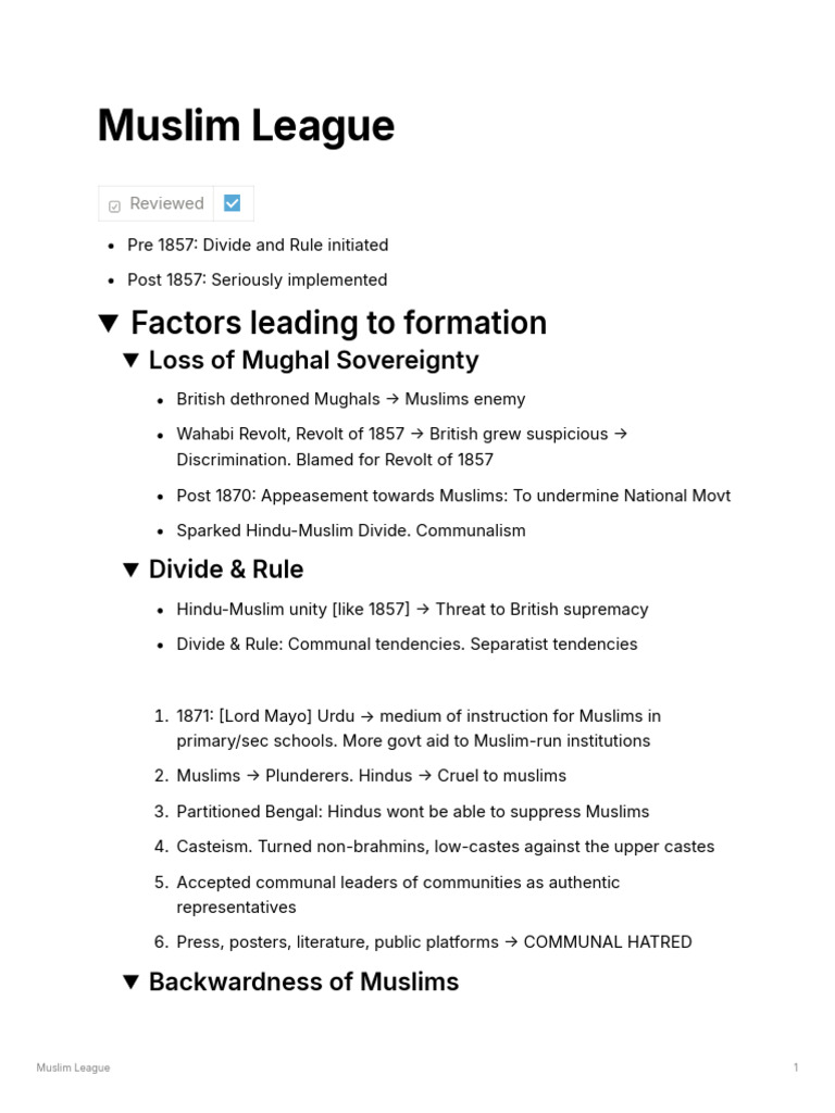 Formation and Objectives of Muslim League | PDF | All India Muslim ...