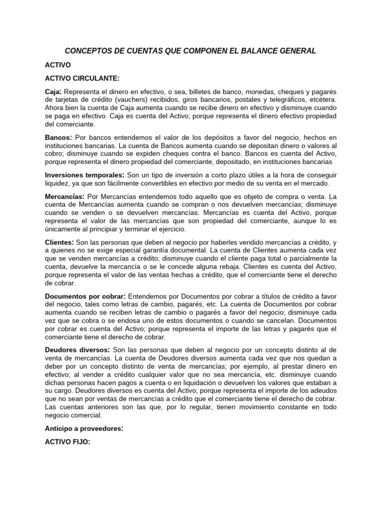 Conceptos de Cuentas Que Componen El Balance General | PDF