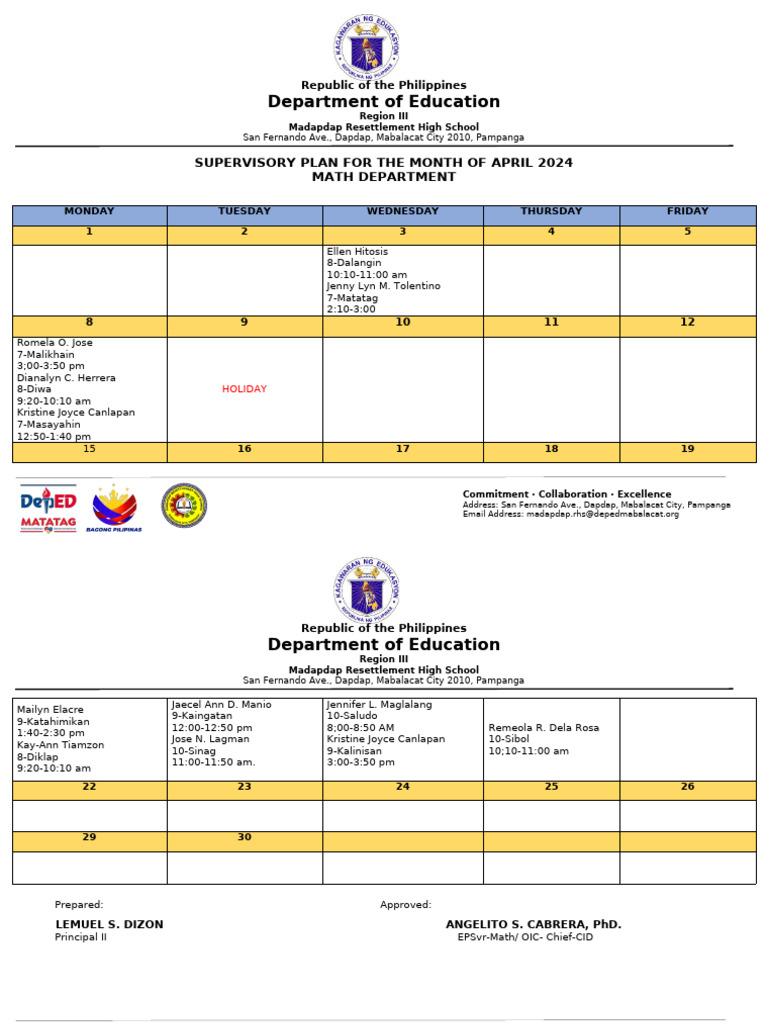 April 2024 Math Supervisory Plan | PDF