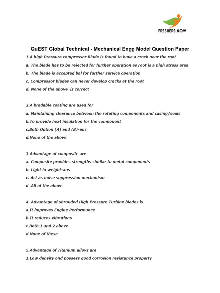 QuEST Global Technical Mechanical Engg Model Question Paper | PDF