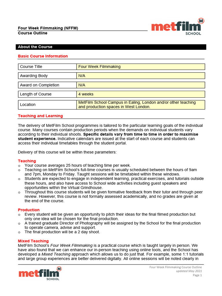 Course Outline Four Week Filmmaking MetFilm School May 2021 | PDF
