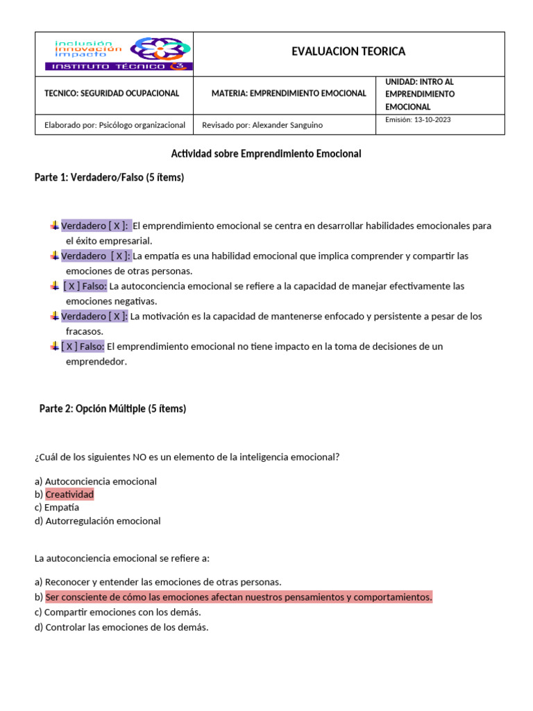 Evaluación de Emprendimiento Emocional | PDF | Las emociones ...
