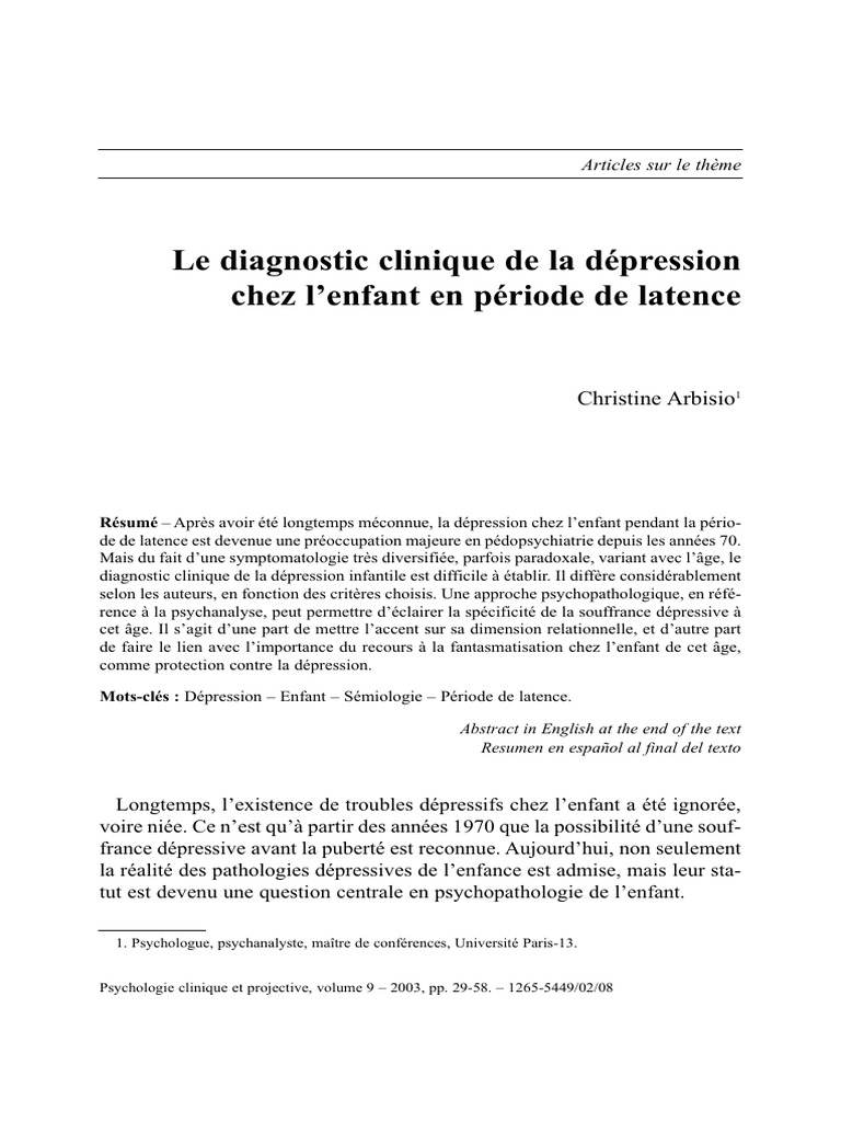 Diagnostic de la dépression chez l'enfant | PDF | Dépression ...