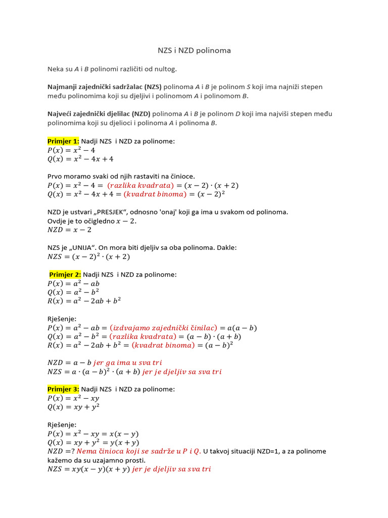 NZS i NZD polinoma: Definicije i zadaci | PDF | Science & Mathematics ...