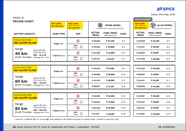 Epick Z1 Electric Cycle Pricing Details | PDF | Electrification ...