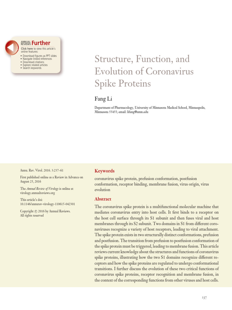 Structure, Function, and Evolution of Coronavirus Spike Proteins | PDF