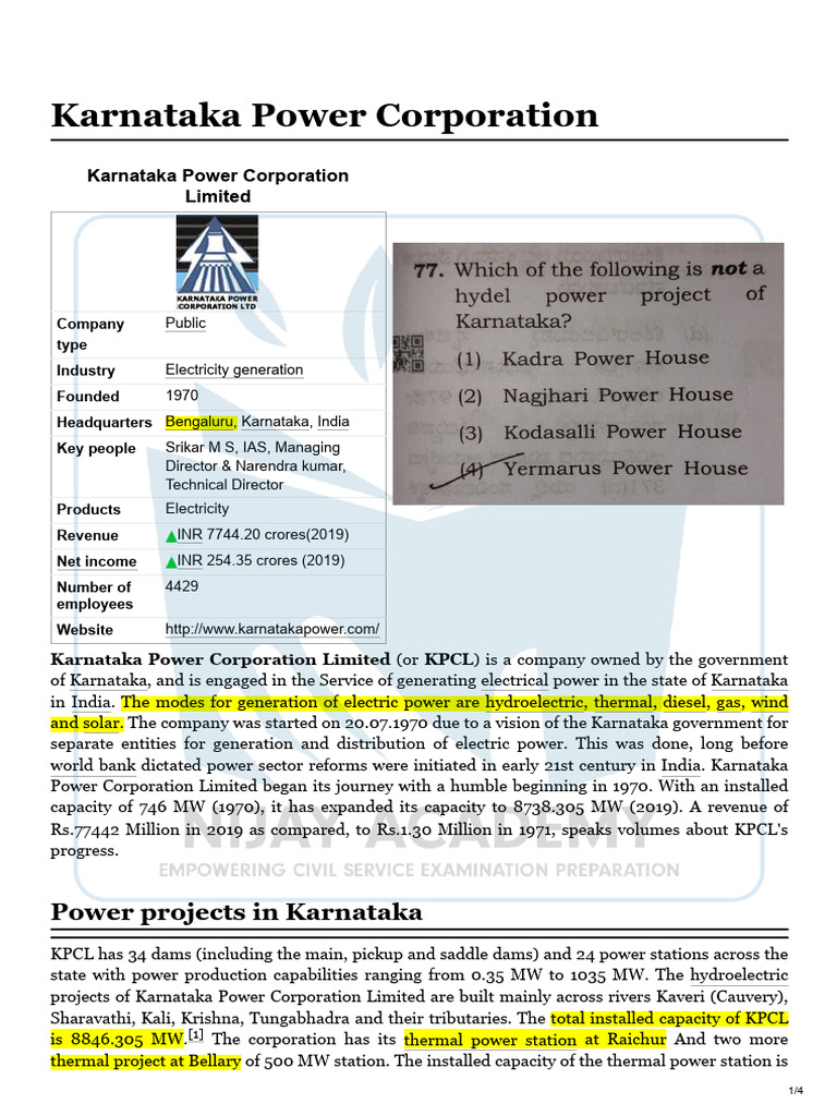 Power Projects of Karnataka | PDF
