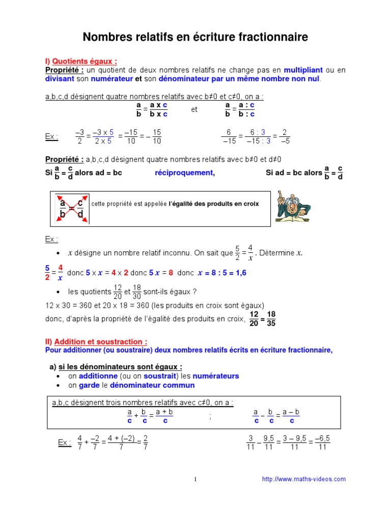 Exercices Nombres Relatifs 4ème Pdf Avec Corrigé