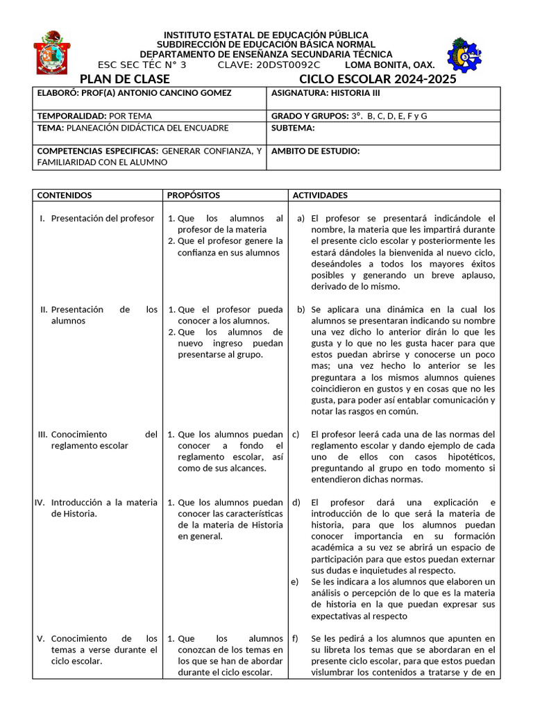 PLAN DE CLASE 2024-2025 Inicio de Cursos | PDF