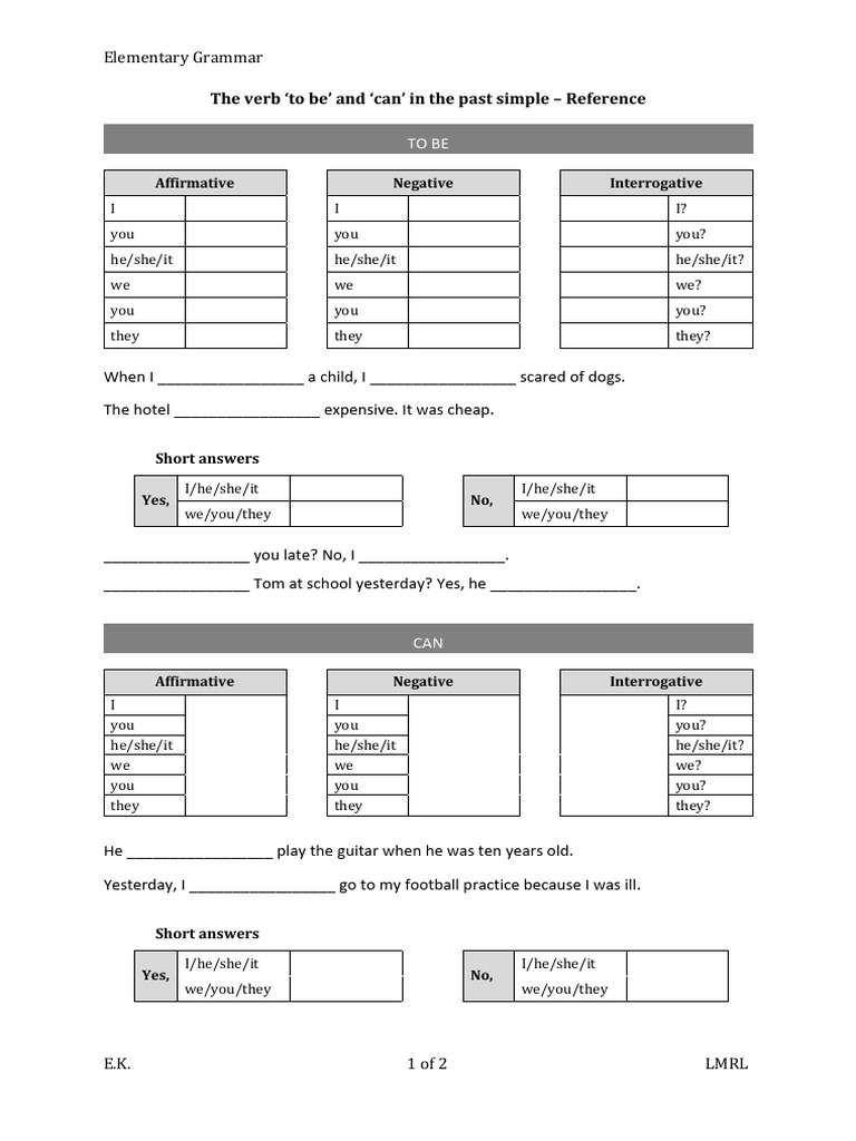 Past Simple: Be and Can Exercises | PDF | Syntax | Grammar
