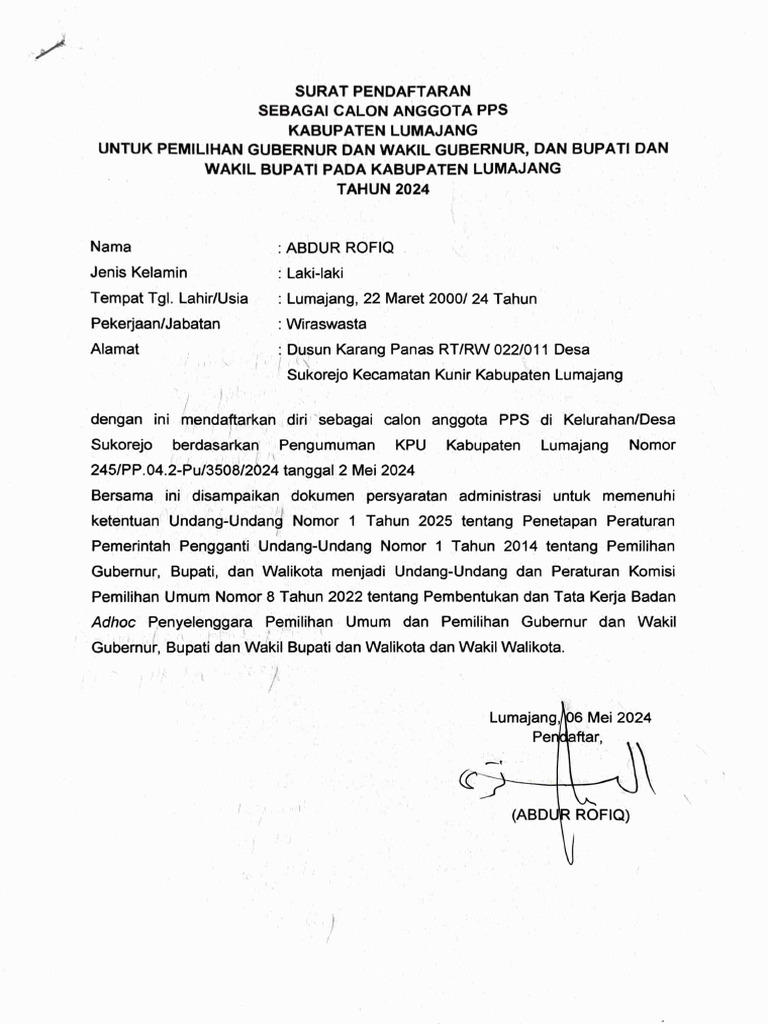 Surat Pendaftaran PPS Rofiq | PDF