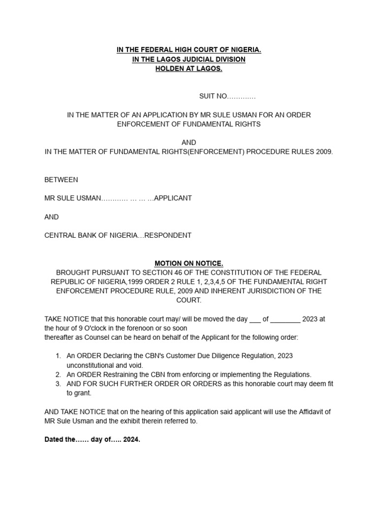 Enforcement of Rights: Usman vs CBN | PDF | Law