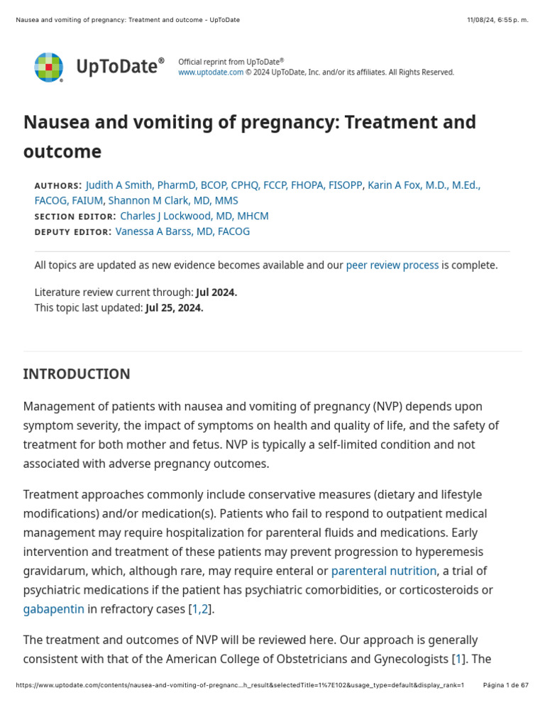 Nausea and Vomiting in Pregnancy: Treatment | PDF | Nausea | Wellness