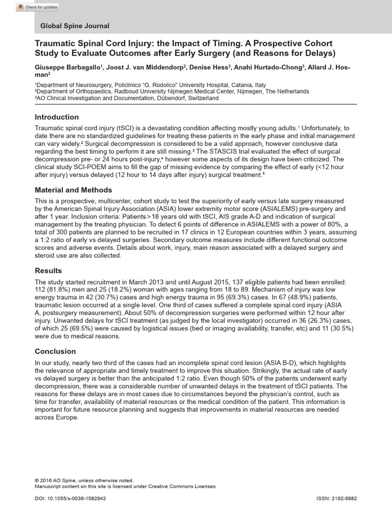 Traumatic Spinal Cord Injury The Impact of Timing | PDF | Surgery ...