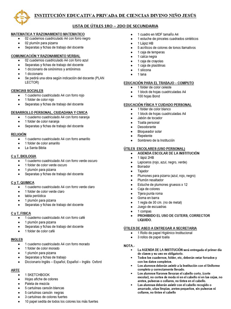 Lista de Útiles 1ro - 2do Secundaria | PDF