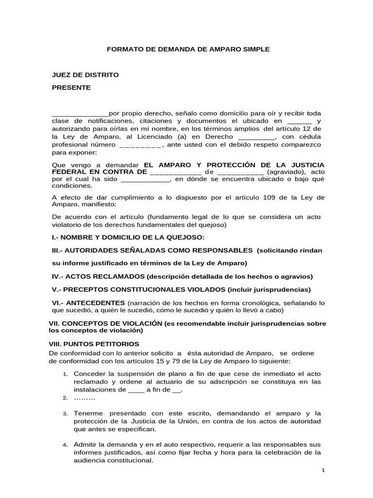 Demanda de Amparo Simple: Formato Legal | PDF | Demanda judicial ...