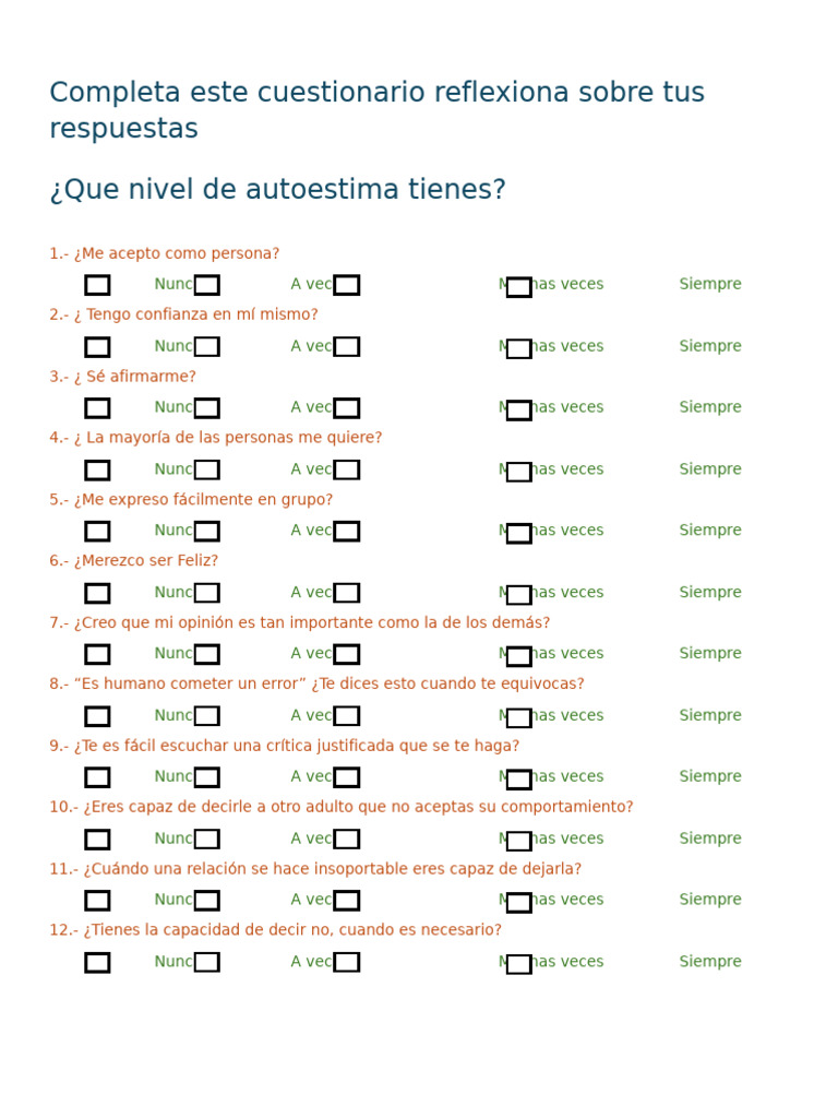 Cuestionario de Autoestima Personal | PDF | Crecimiento personal y ...