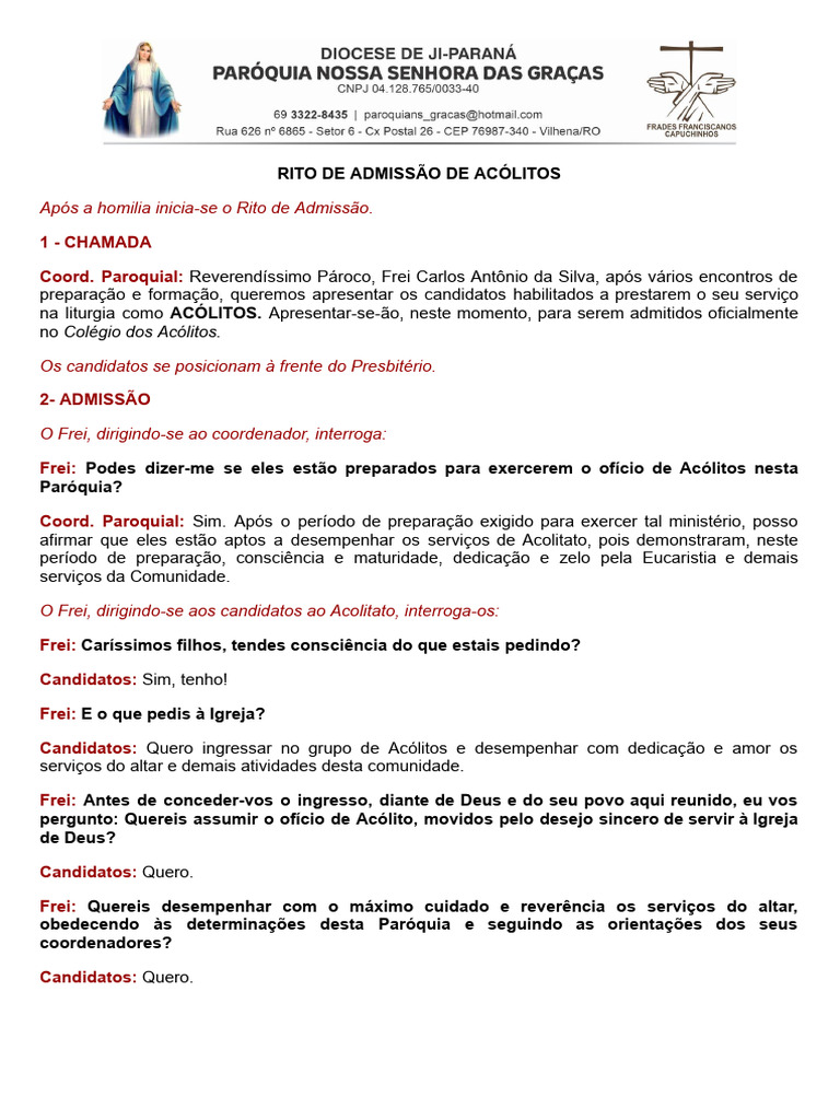 Rito de Admissão de Acólitos na Paróquia | PDF | Igreja católica | Liturgia
