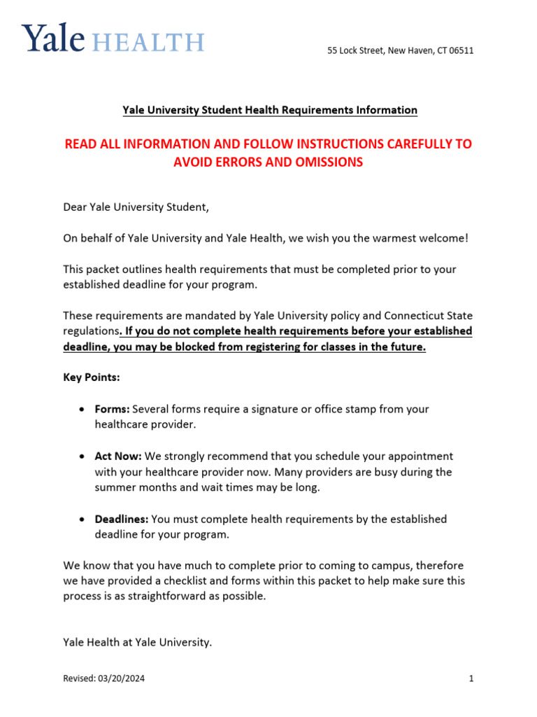 Yale Student Health Packet 2024 Postlaunch - Final | PDF