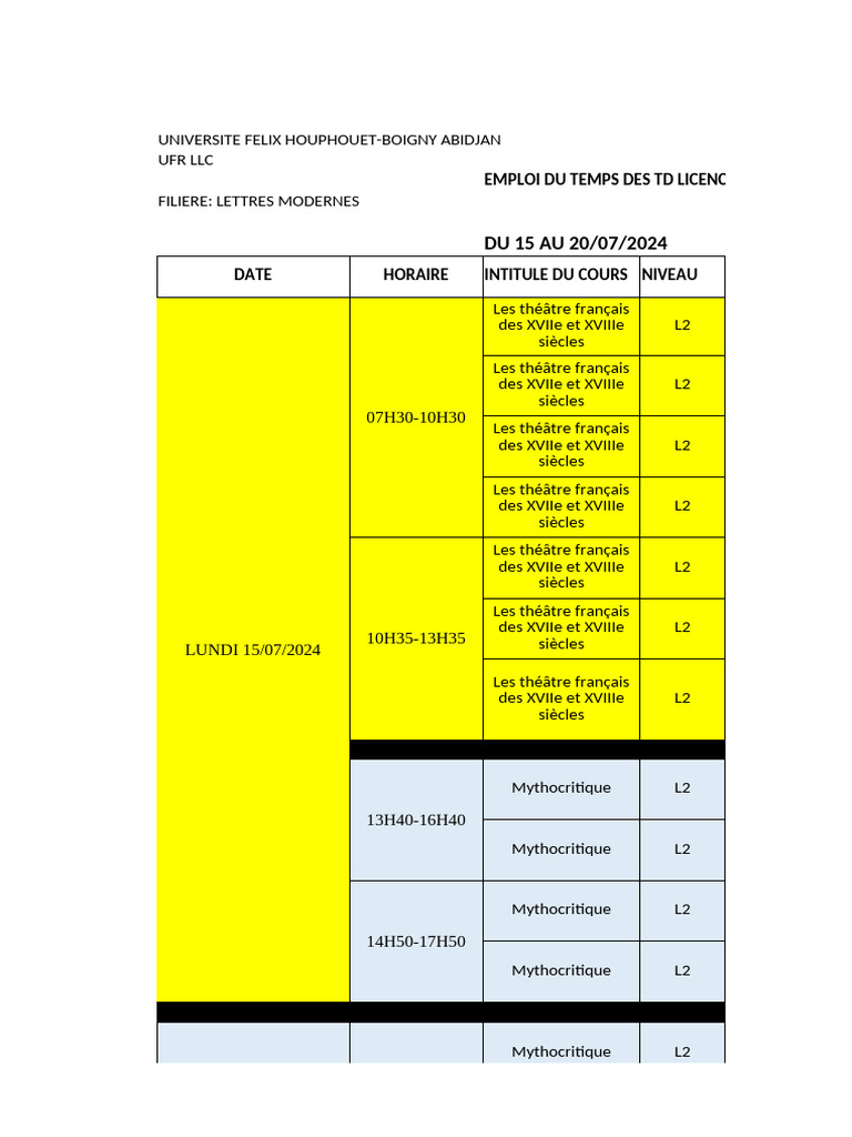 Emploi Du Temps TD Licence 2 Semestre 4 Du 15 Au 20-07-2024 (2023-2024 ...