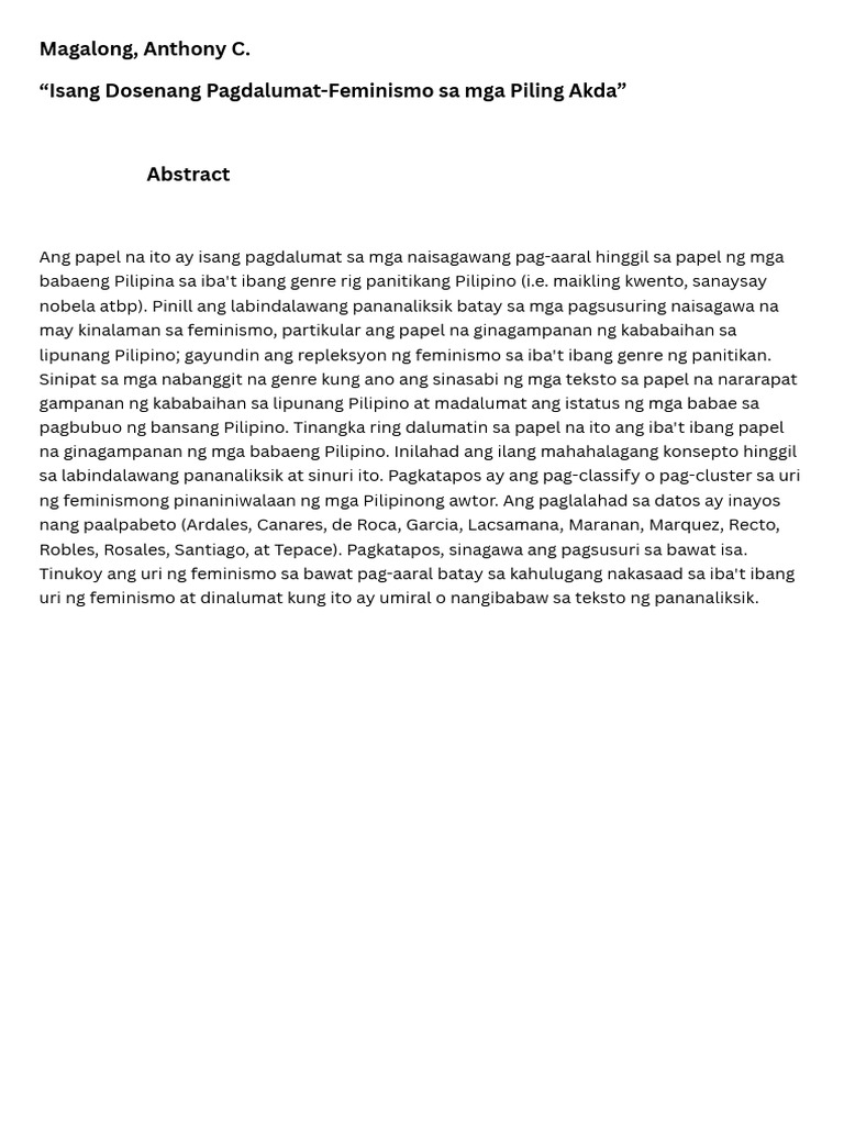Isang Dosenang Pagdalumat-Feminismo Sa Mga Piling Akda PDF | PDF