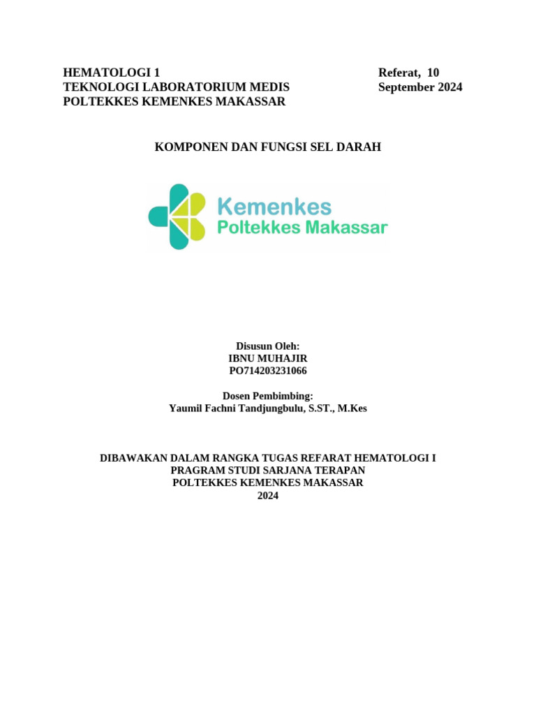 Hematologi 1 Refarat Komponen Dan Fungsi Sel Darah Pdf