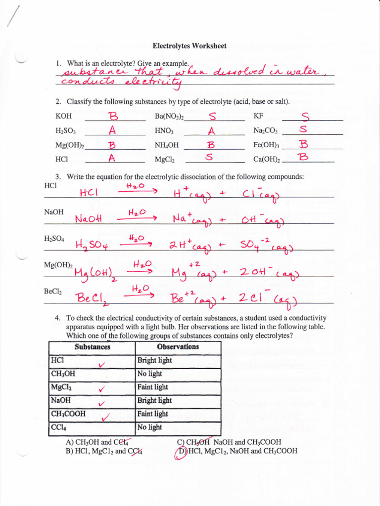 Electrolytes Worksheet PDF