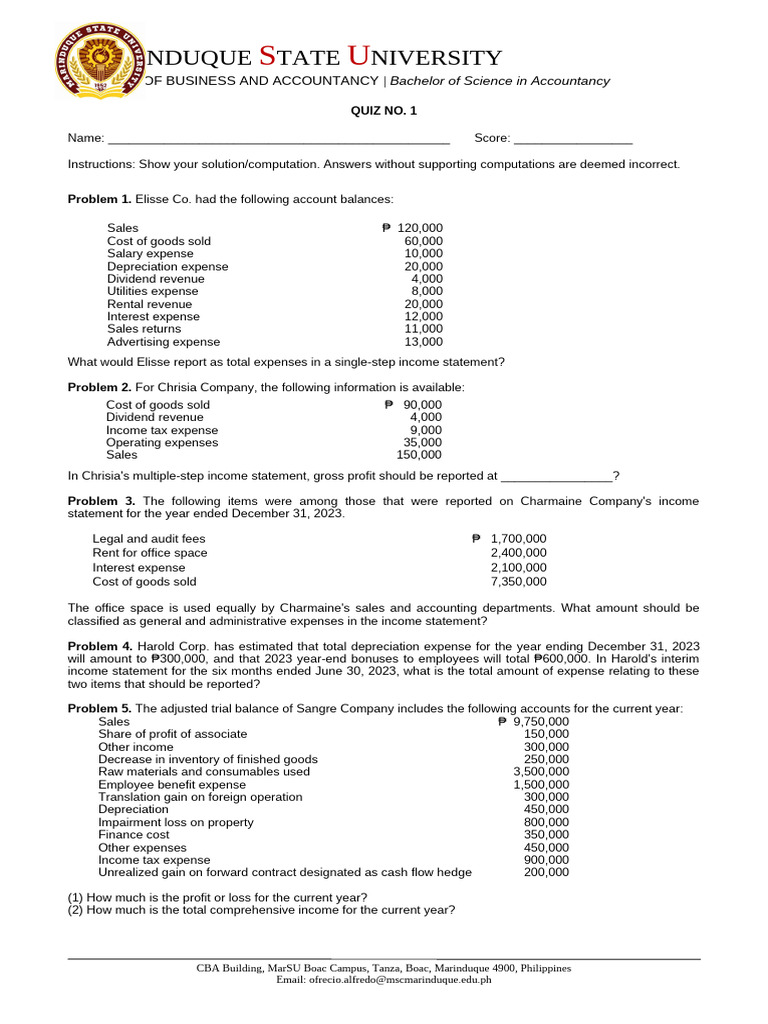 Quiz 1 Review of Financial Statements For Students | PDF