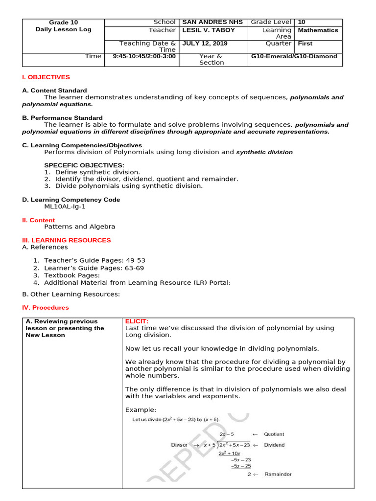 Toaz - Info Lesson Plan in Dividing Polynomials Using Synthetic ...