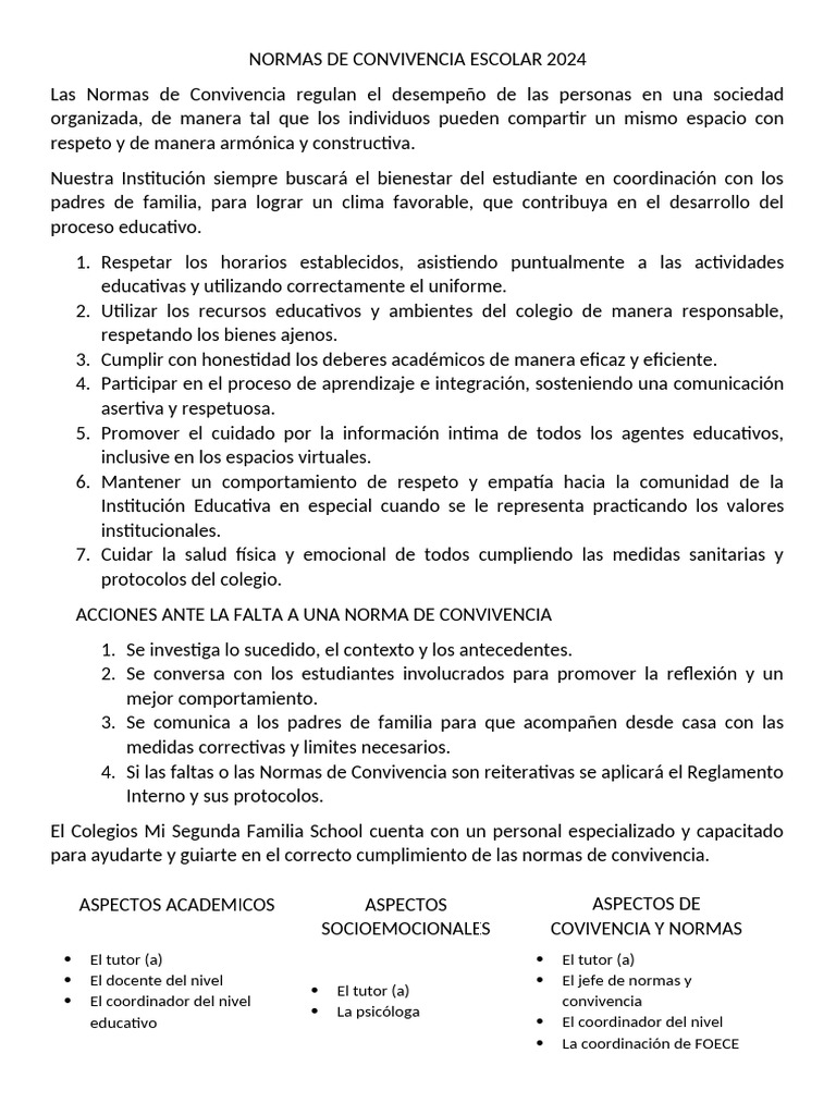 Normas de Convivencia Escolar 2024 | PDF