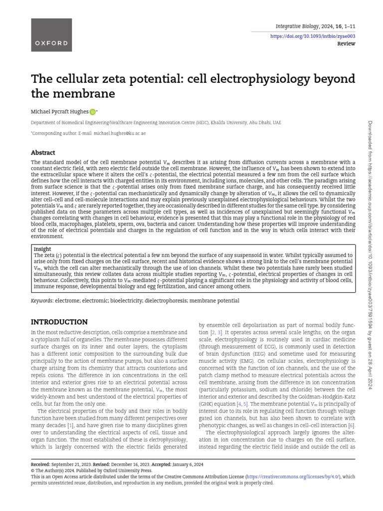Cellular Zeta Potentials For Cellular Electrophysiology | PDF