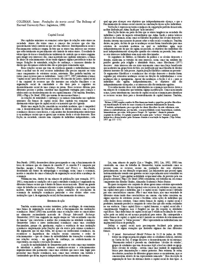 Teoria do Capital Social de Coleman | PDF | Sociologia | Economia