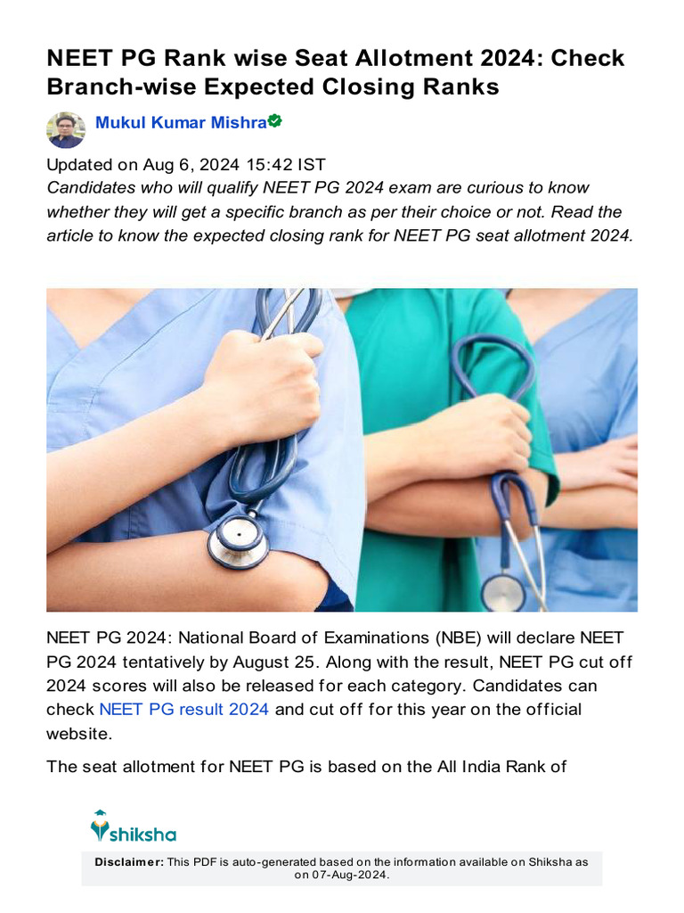 NEET PG Rank Wise Seat Allotment 2024: Check Branch-Wise Expected ...