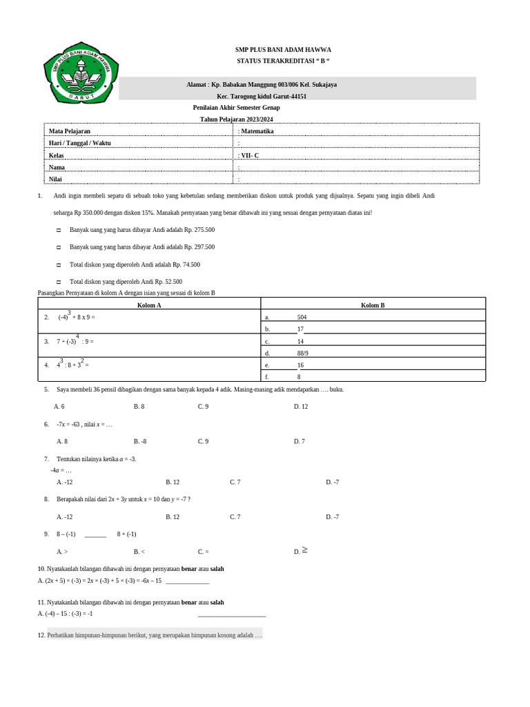 PAS MAtematika 7c | PDF
