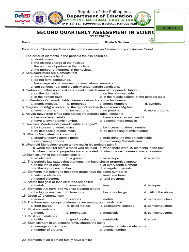 2nd Periodical Test in Science 9 | PDF